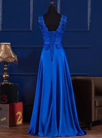 Image 3 of Royal Blue Satin with Lace Bodice Long Party Dress, Blue Evening Gown