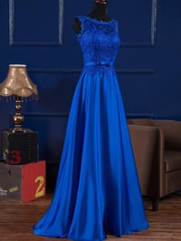 Image 2 of Royal Blue Satin with Lace Bodice Long Party Dress, Blue Evening Gown