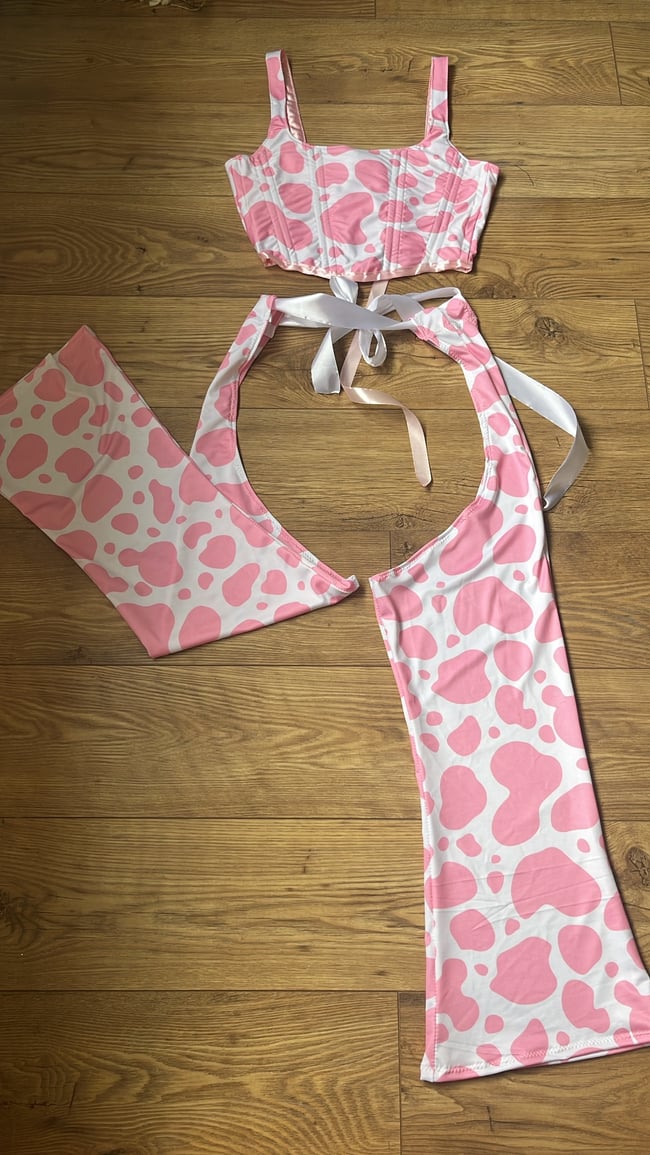 Milkshake cow print sustainable spandex chaps