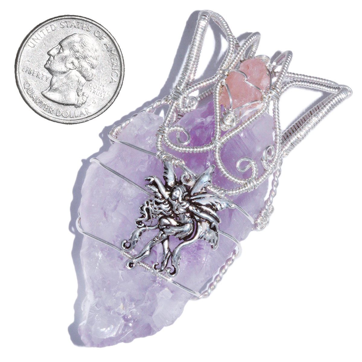 Etched Lavender Nirvana Amethyst Crystal Pendant with Fairy and Nirvana Quartz 