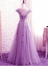 Beautiful Light Purple Tulle Cap Sleeves Party Dress, A-line Long Prom Dress