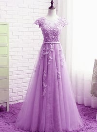 Image 1 of Beautiful Light Purple Tulle Cap Sleeves Party Dress, A-line Long Prom Dress