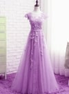 Beautiful Light Purple Tulle Cap Sleeves Party Dress, A-line Long Prom Dress