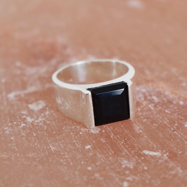 Image of Black Agate square cut wide band silver ring