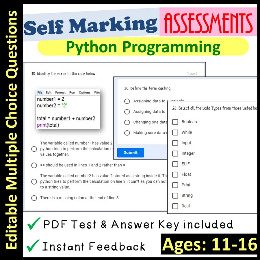 Image of Python Programming Coding Assessments | Self Marking (Ages 11-16)