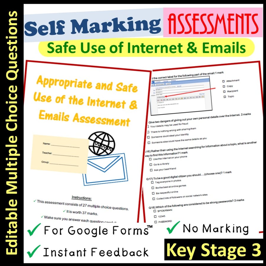 Image of Technology Assessments Safe Use of Internet and Email | Self Marking (Key Stage 3)