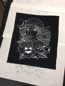 Image of Gypsy girl with rose and skull jacket back patch
