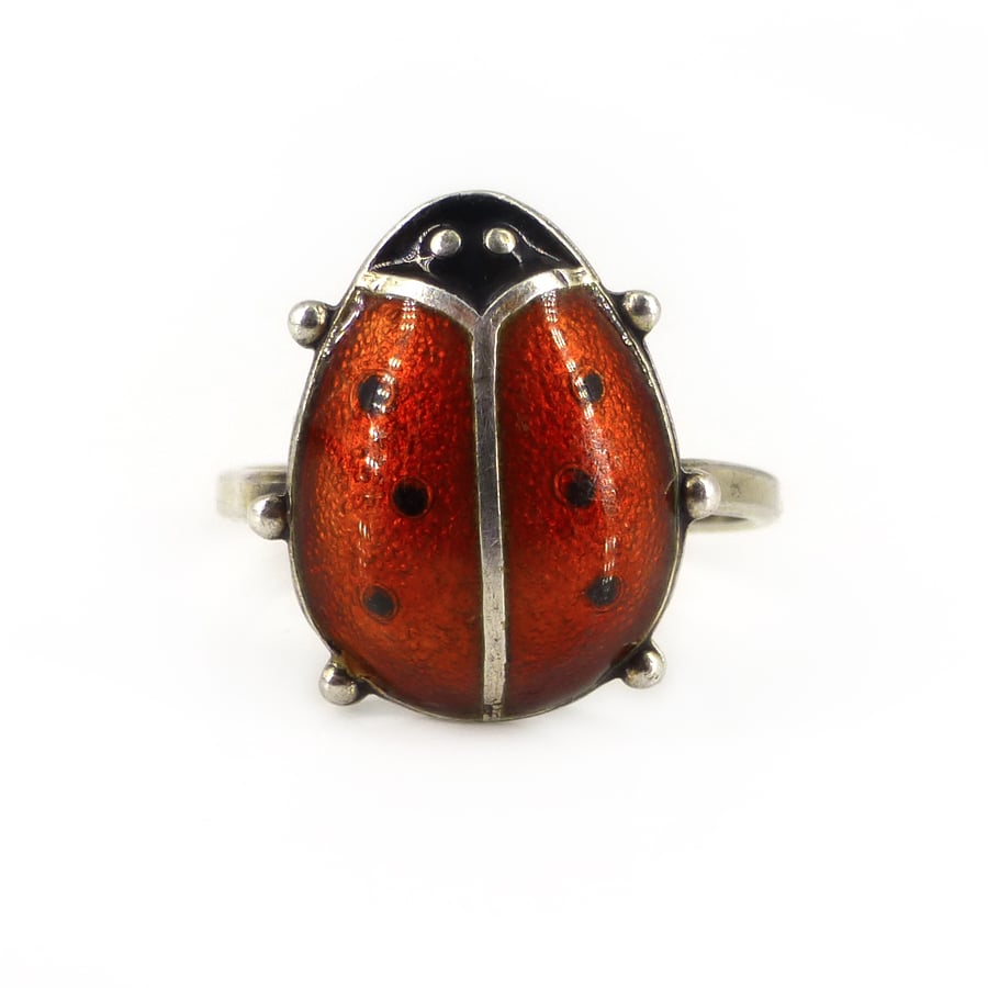 Image of Vintage David Andersen Sterling Silver Ladybird Guilloché Enamel Ring