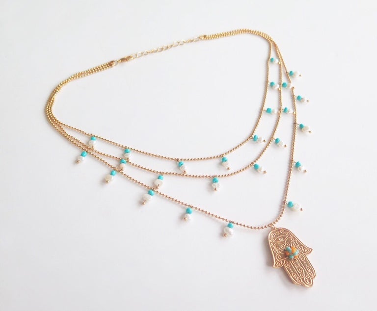 Image of Hamsa Triple Pearls Necklace