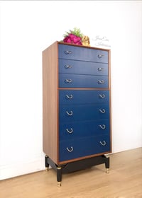 Image 2 of Vintage Mid Century Modern Retro G Plan Chest of Drawers Tallboy painted in Dark Royal Blue 