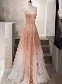 Image 1 of Charming Pink Gradient Tulle Beaded Long Party Dress, A-line Evening Dress