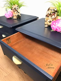 Image 3 of Vintage Stag Minstrel Pair of Bedside Tables, Bedside Cabinets, Bedside Drawers painted in Navy Blue