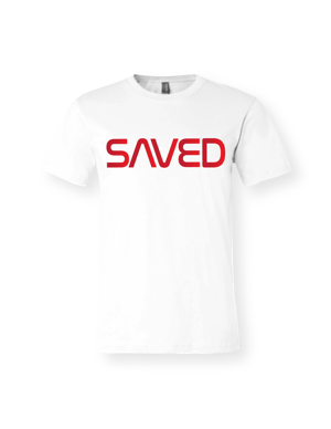 Image of RED FOIL VYNIL "SAVED" UNISEX TEE 