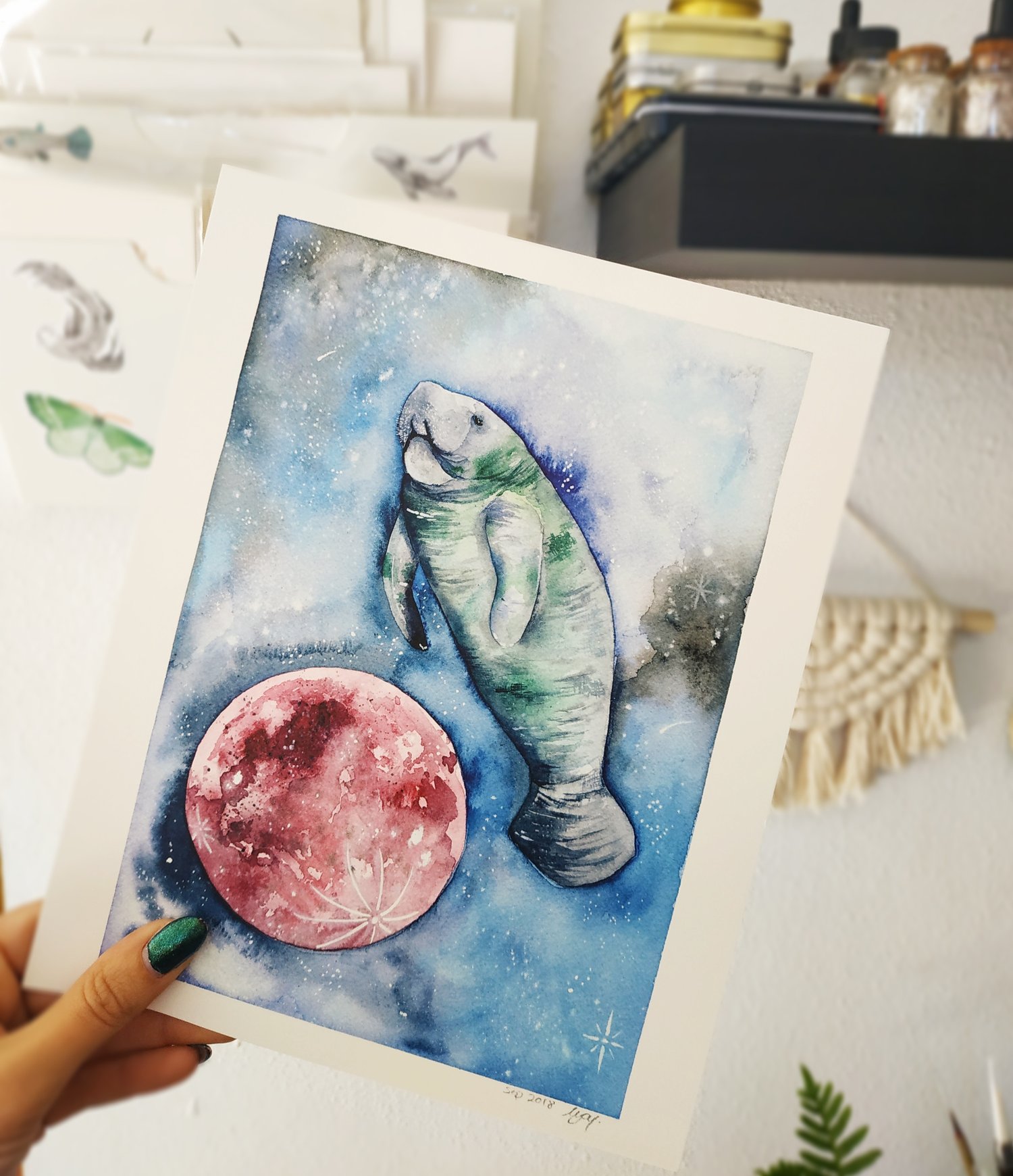 Image of Manatee over the moon watercolor illustration print