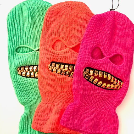 Image of Neon Ski mask with gold teeth zipper mouth zefstyle grill teeth face mask or hat