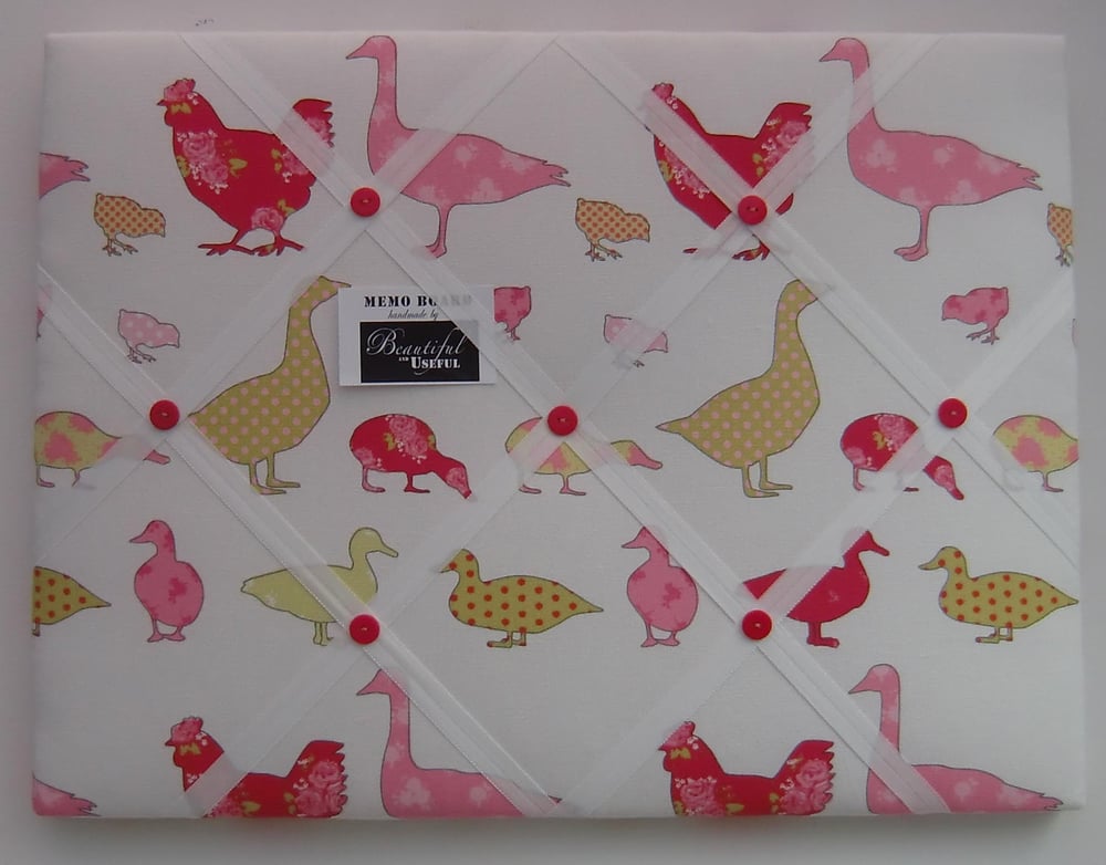 Image of Ducks and chickens fabric covered, BOX FRAMED,Memo board