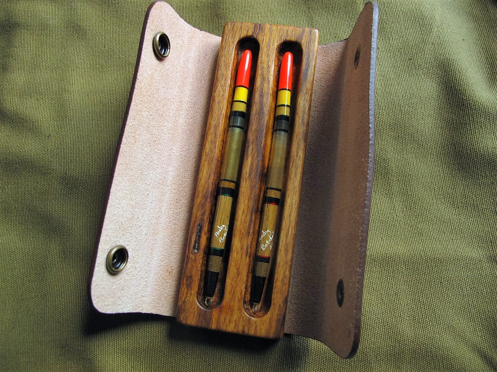 Image of 2 x goose quills in Oak and leather case