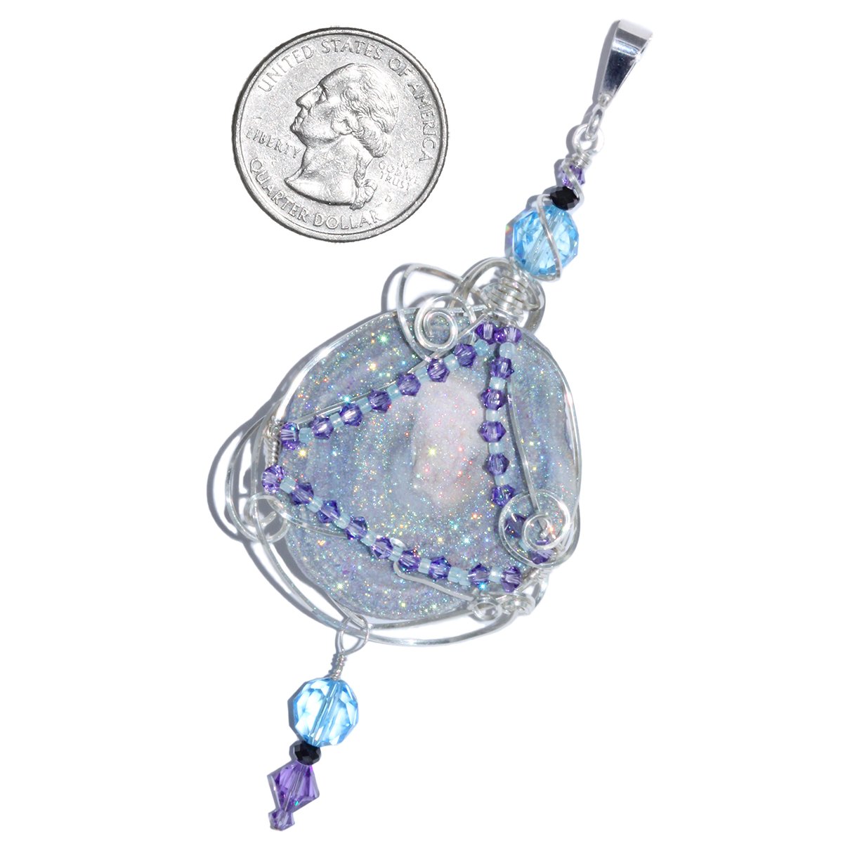 Fairy Aura Chalcedony Rosette Wire Wrapped Pendant with Black Spinel