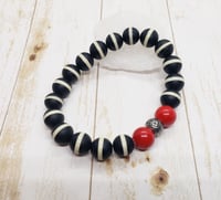 Image 1 of Matte Dzi Agate, Beige Stripe, Red Magnesite Beaded  Bracelet