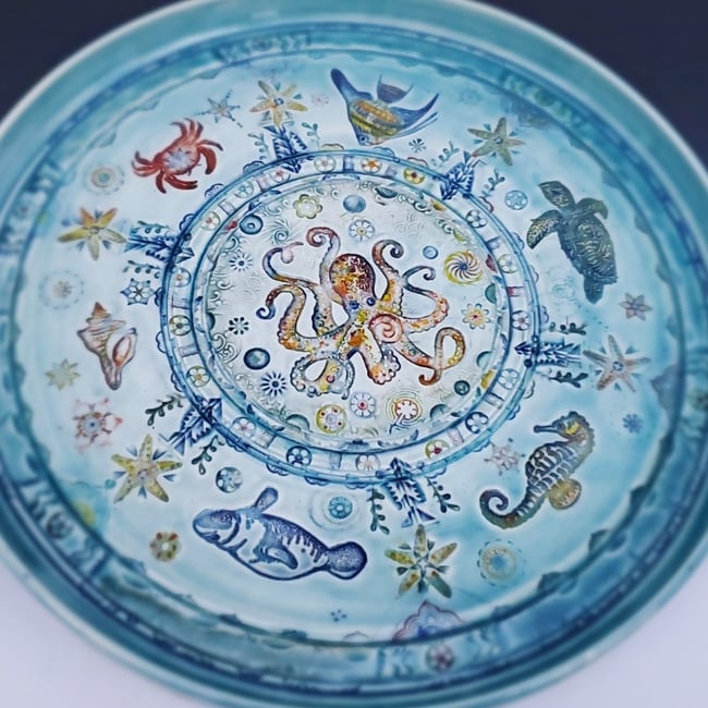 Octopus Aquamarine Rimmed Porcelain Platter
