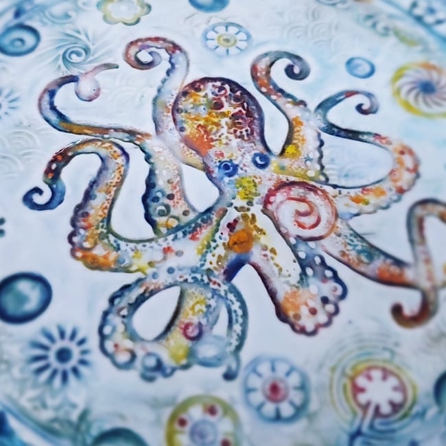 Octopus Aquamarine Rimmed Porcelain Platter