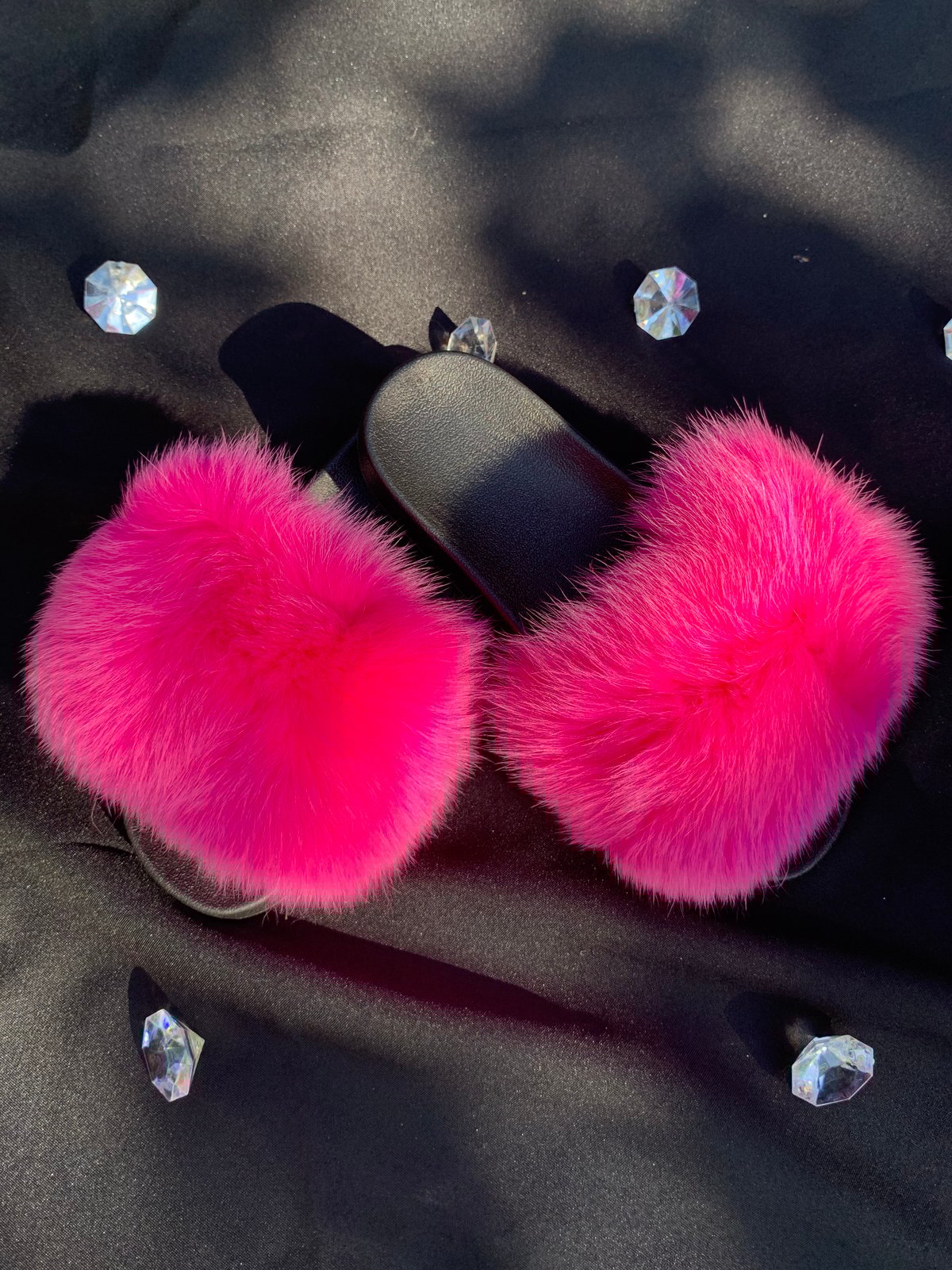 hot pink fur slides