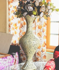 Cheen White Vase/Brass lined paper mache thin vase/Handmade/Handpainted/Real Gold embedded vase