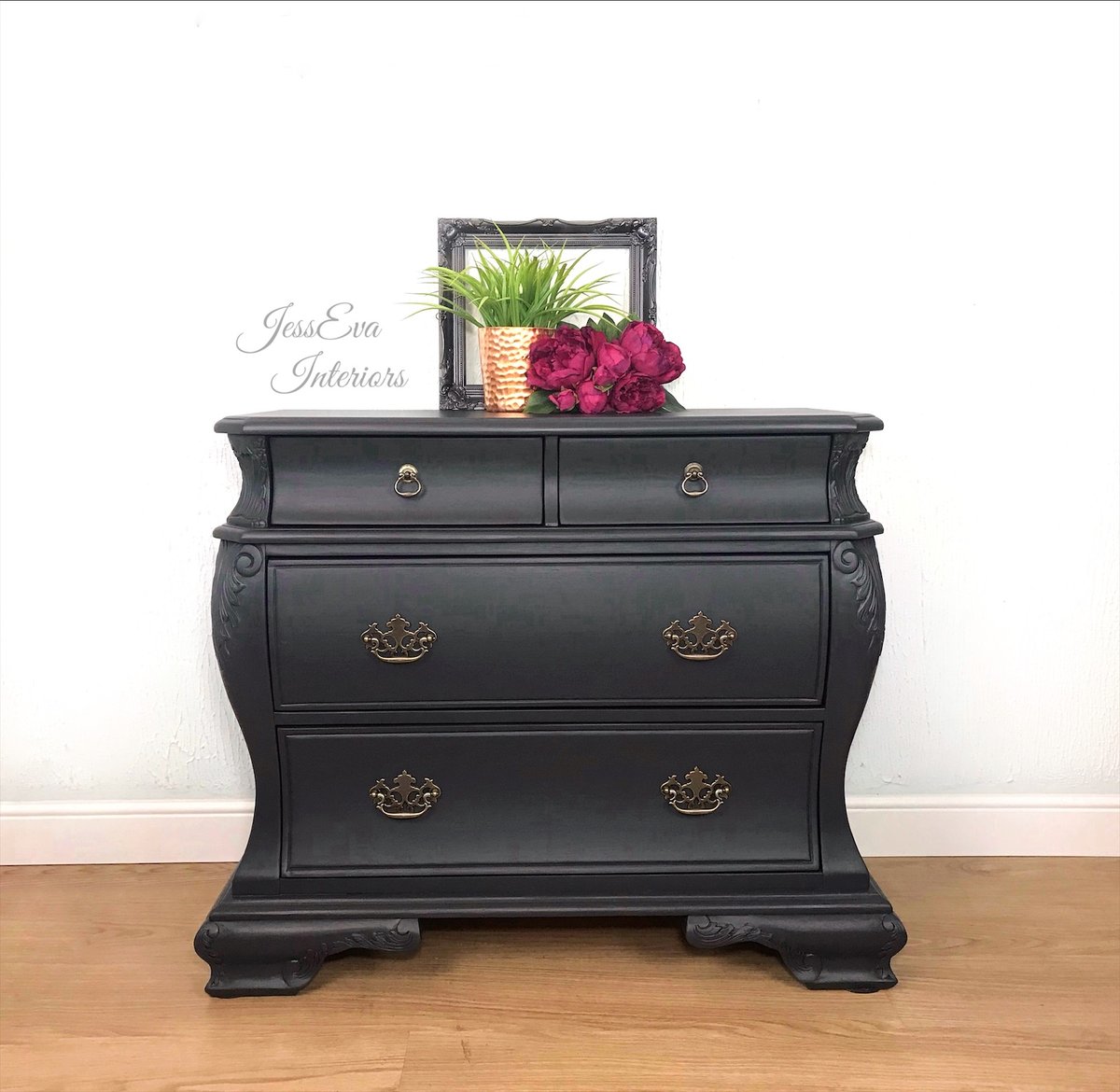 Carved CHEST OF DRAWERS painted in dark grey/charcoal Fusion Mineral paint 