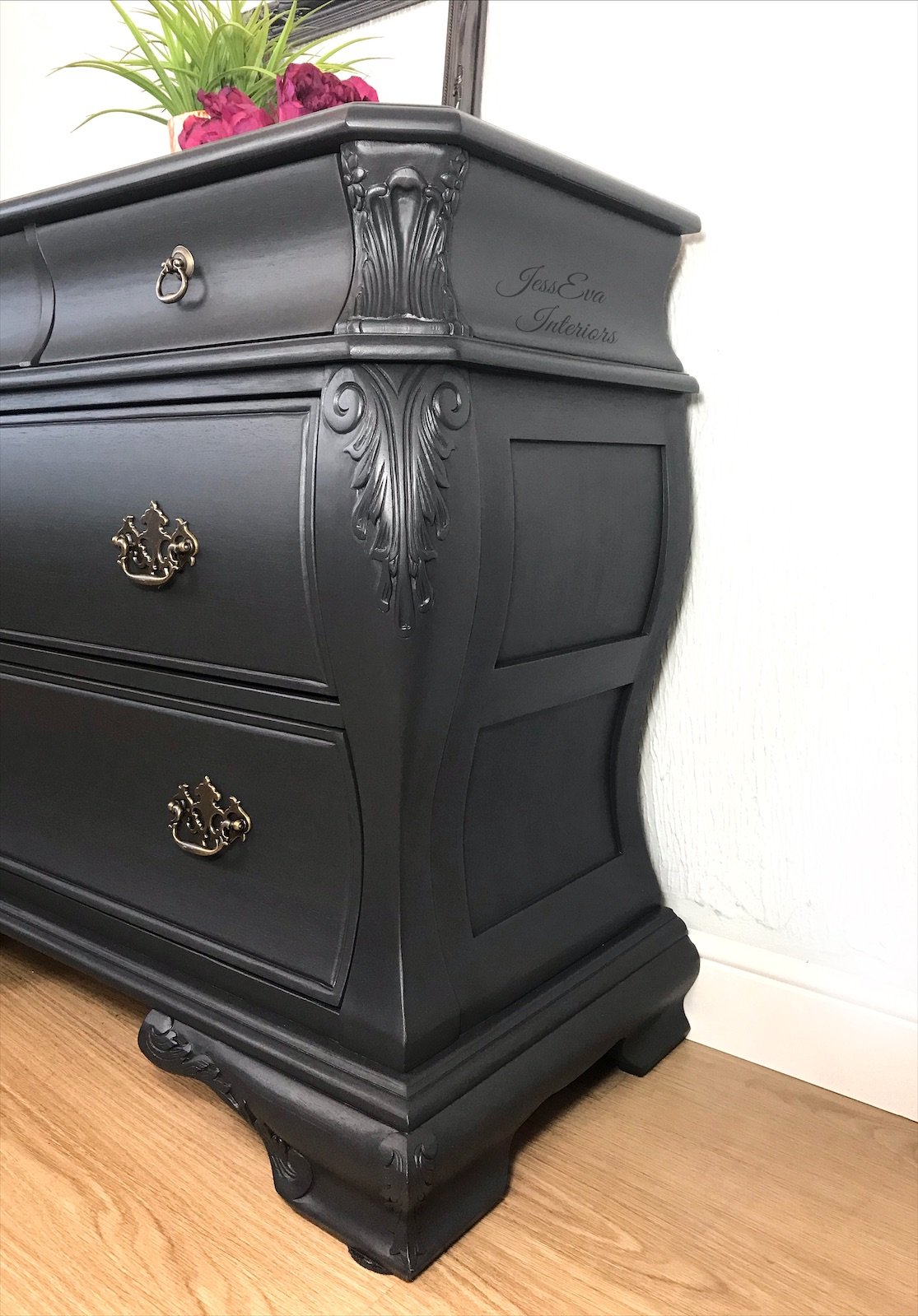 Carved CHEST OF DRAWERS painted in dark grey/charcoal Fusion Mineral paint 