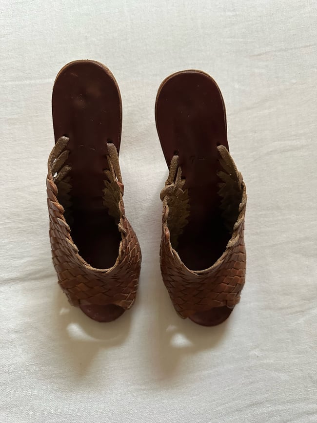 70s wood and leather basketweave mule platforms 