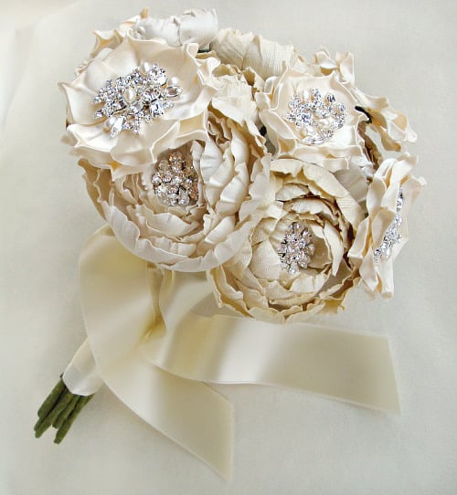 Image of Ivory and Cream Silk Catala and Jeweled Bloom Bridal Bouquet