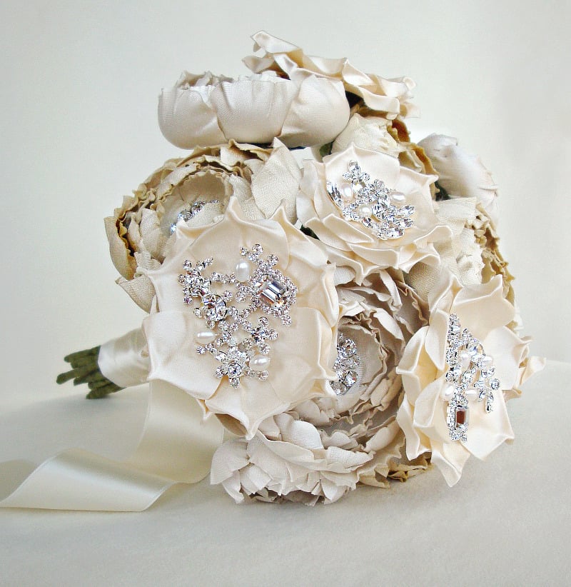 Image of Ivory and Cream Silk Catala and Jeweled Bloom Bridal Bouquet