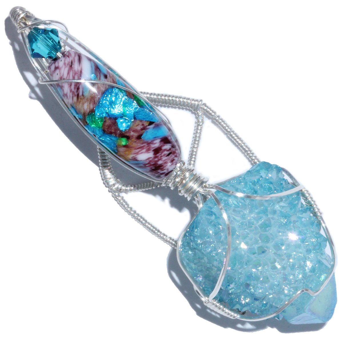 Aqua Aura Spirit Quartz Crystal Handmade Pendant with Opalescent Foil Bead