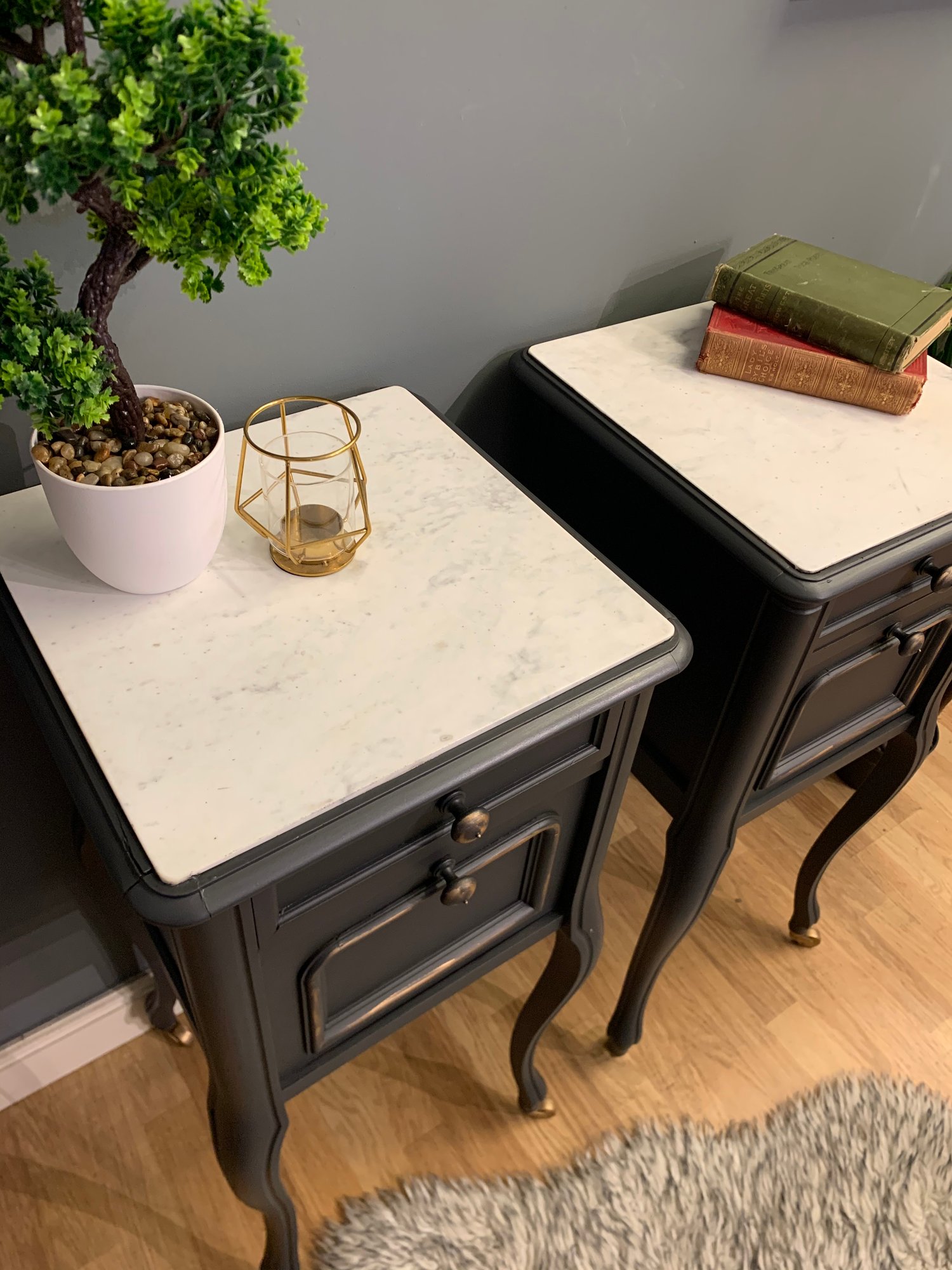 French grey white marble top bedside tables Ethan and Grace s