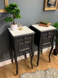 Image 3 of French grey white marble top bedside tables 