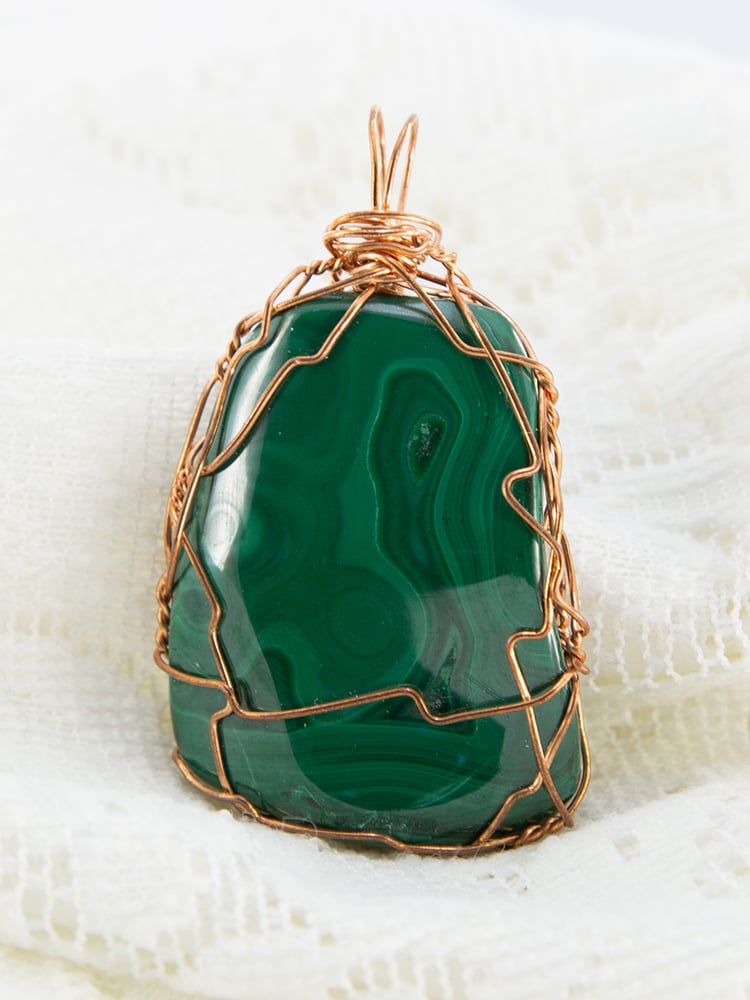 Image of Rich Natural Green Malachite Pendant wrapped in Copper