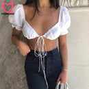 Image of Puff sleeve lace up crop top