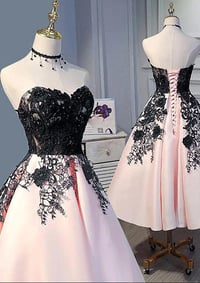 Image 1 of Pink Satin Sweetheart with Black Lace Wedding Party Dress, Pink Evening Dress