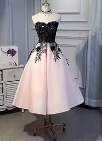 Image 2 of Pink Satin Sweetheart with Black Lace Wedding Party Dress, Pink Evening Dress