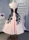 Pink Satin Sweetheart with Black Lace Wedding Party Dress, Pink Evening Dress