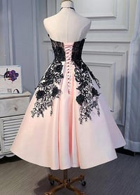 Image 3 of Pink Satin Sweetheart with Black Lace Wedding Party Dress, Pink Evening Dress