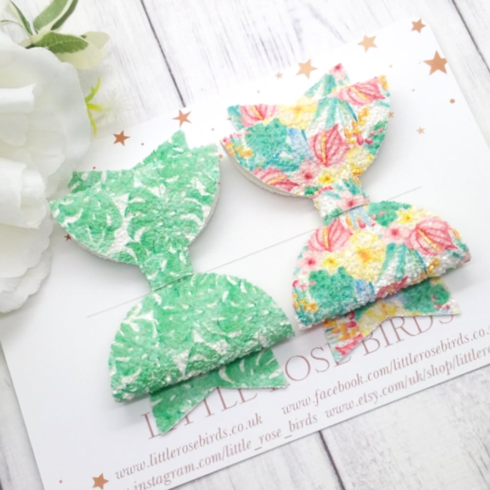 Image of Tropical Leaves & Floral Glitter Bow Set - Choice of Headband or Clip