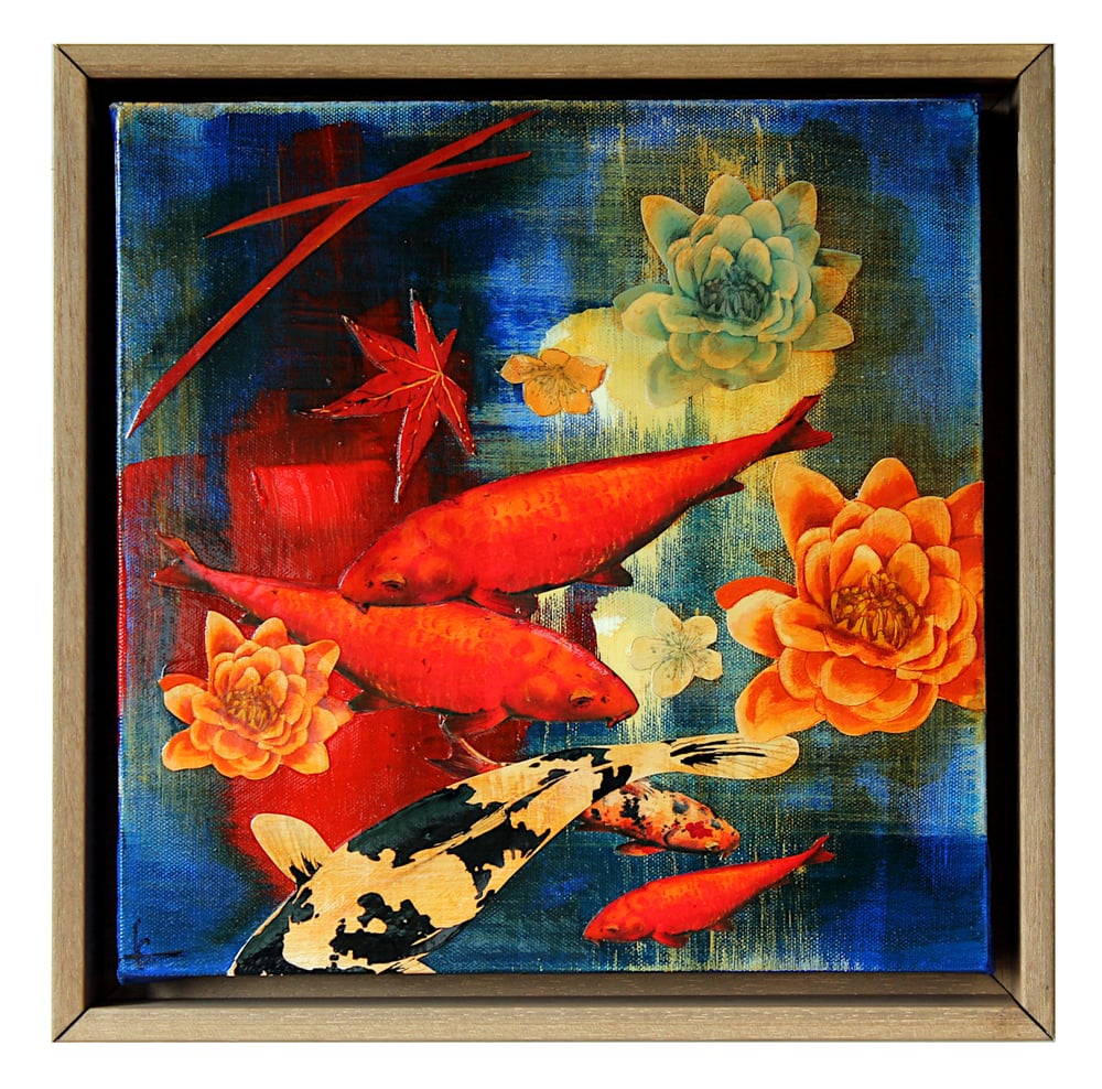 Image of Original Canvas - Koi on Cobalt with Lilies - 30cm x 30cm