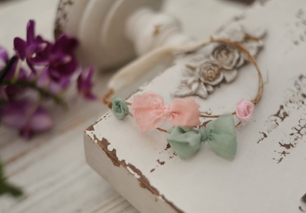 Image of 2 bows and flowers headband  (green & pink)