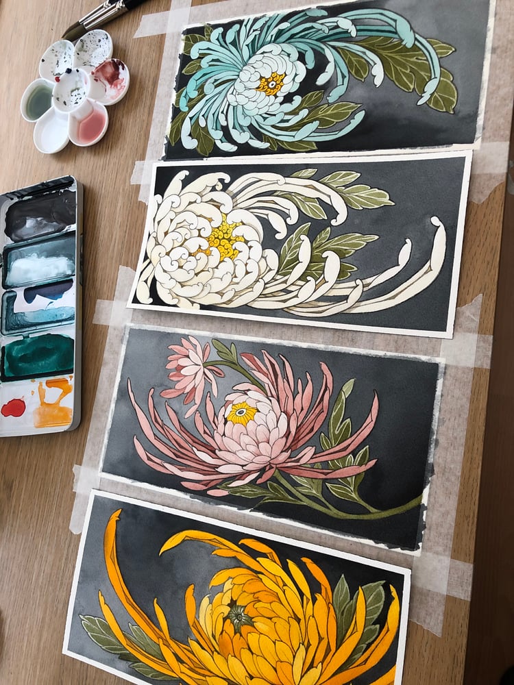 Image of 4 CHRYSANTHEMUMS PRINTS SET