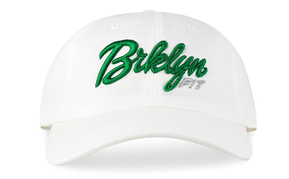 Image of BRKLYN FIT® LOGO - 3D (WHITE/GREEN/METALLIC SILVER) - DAD HAT 