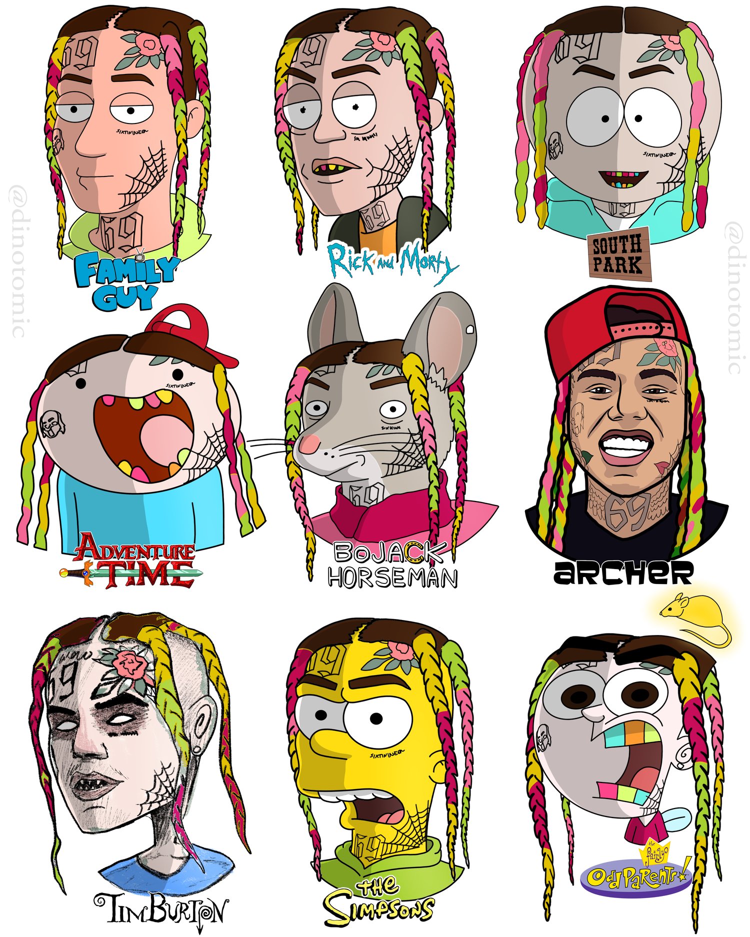 Image of #222 69Tekashi drawn in 9 styles