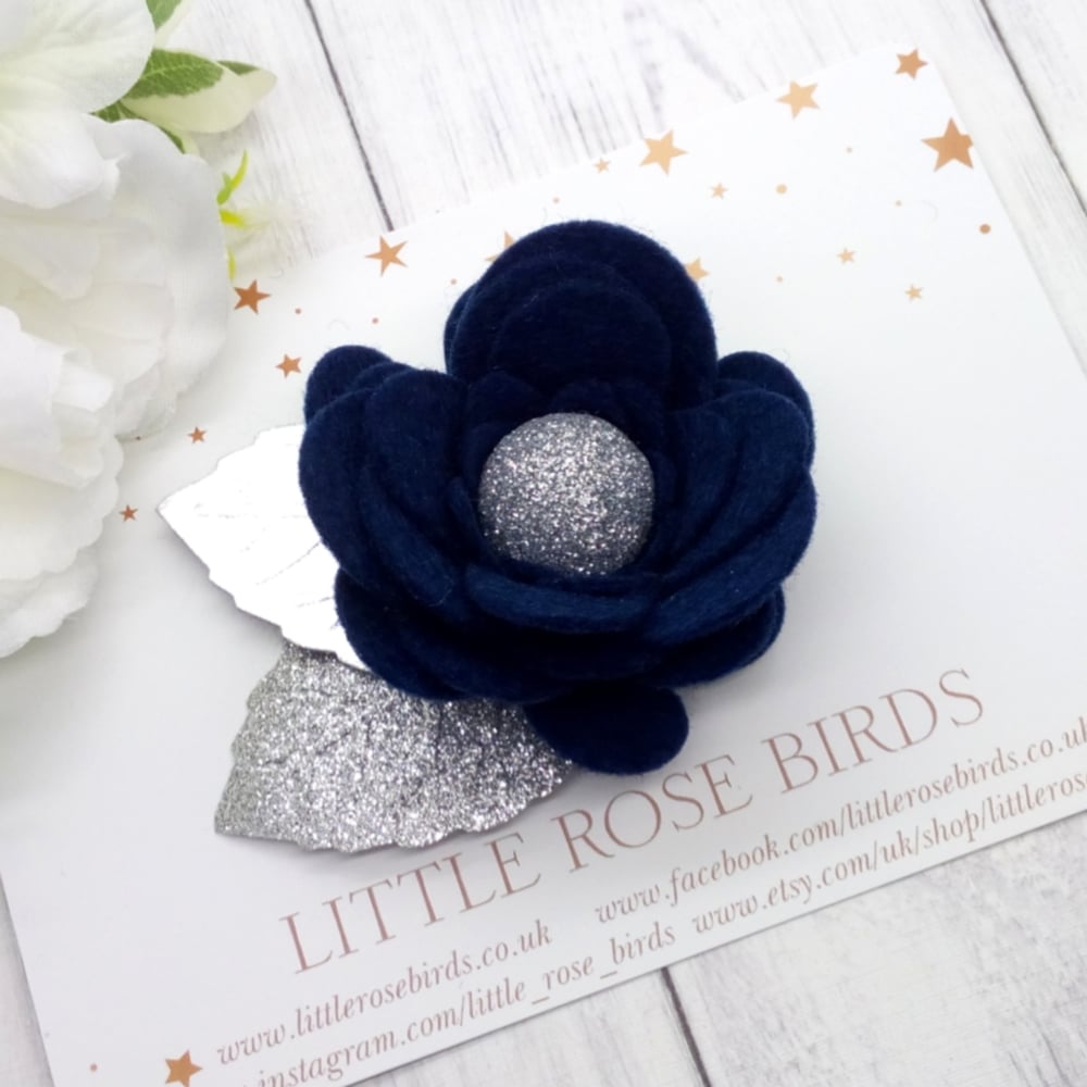 Navy Flower Bloom - Choice of Gold / Silver or White Leaves
