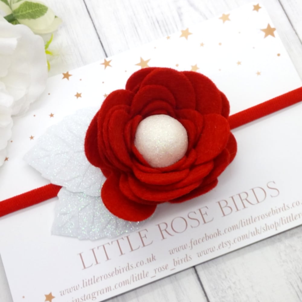 Red Rose Flower Bloom - Choice of Gold / Silver or White Leaves