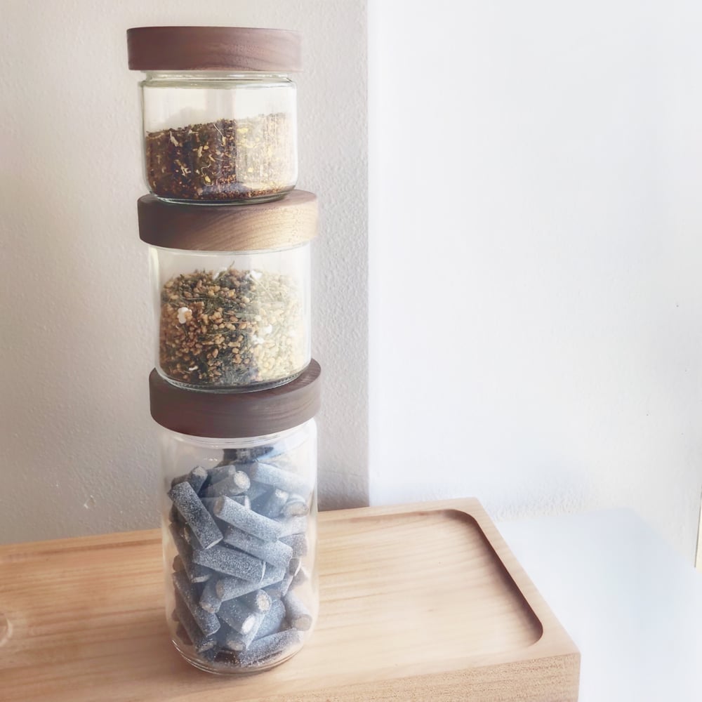 Stout Stackable Jars with Walnut Lids / Turnco Wood Goods